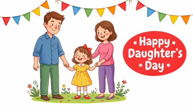 Happy family celebrating daughter's day with colorful bunting
