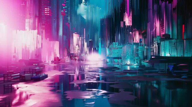 City scene with bright colors and abstract shapes in a digital format at night showing lights and reflections in a futuristic setting