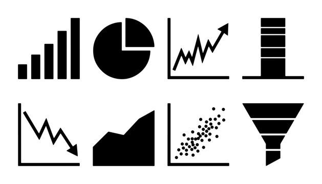Business Data Visualization Icons: Bar, Pie, Line, Scatter, Funnel Charts & Graphs