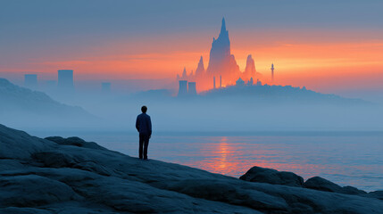 Fototapeta premium Futuristic city skyline seen from rocky shore for fantasy travel and discovery concept