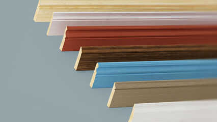 Baseboards with various profiles isolated on gray background. 3D illustration © Destina