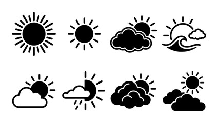 Obraz premium Weather Icons: Sun, Clouds, and Waves Vector Set. Sunny, Partly Cloudy, and Stormy Forecast Symbols.