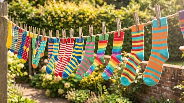 Pan shot of colorful socks swaying on clothesline in sunny garden with wooden posts and clothespins, closeup shallow depth, striped patterns and gentle midday breeze