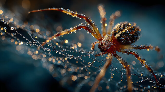 Beautiful spider sparkling morning dew macro wildlife photography colorful bokeh Images