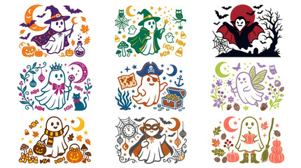 Fototapeta premium Cute hand-drawn Halloween monsters and creatures set. Colorful vector illustrations of spooky characters for festive designs. Playful cartoon icons...