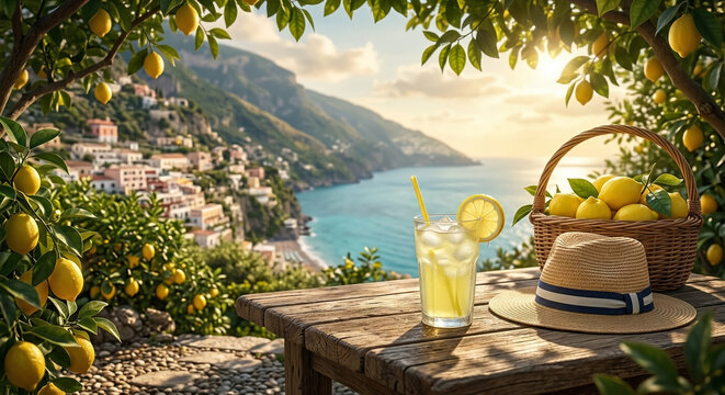 Sunset view of a seaside village from a lemon tree framed terrace.