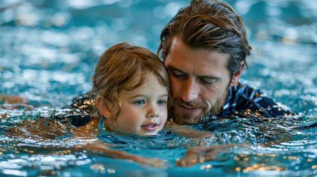 Father toddler swimming in pool for water safety lesson family bonding and active lifestyle