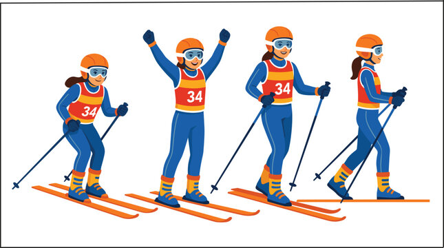 Female cross country skier character collection winter sports athlete vector illustration active skiing poses set template