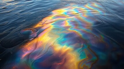 Fototapeta premium Wave diffraction colors showcase iridescent oil slick patterns on water creating vibrant spectral interference with flowing rainbow gradients and ripple textures