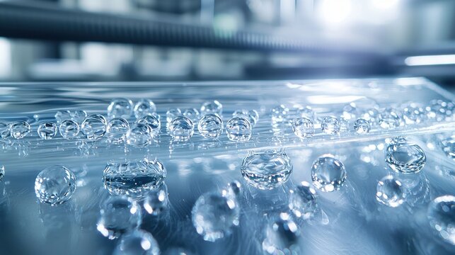 Rain repelling membrane demo close-up hydrophobic testing water beads surface repulsion transparent film laboratory conditions macro photography