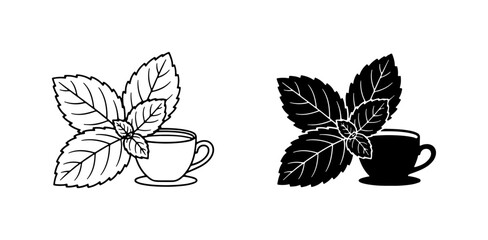 Mint Leaf Tea Cup Icons, Refreshing Herbal Drink Beverage Graphics, Simple Line Art © Niloy