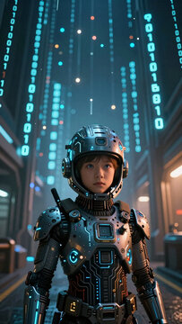 Child in Futuristic Armor Amidst Digital Rain