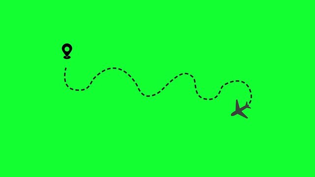 Black dotted Plane route path  animation on green screen background. Perfect for air route, air paths.	