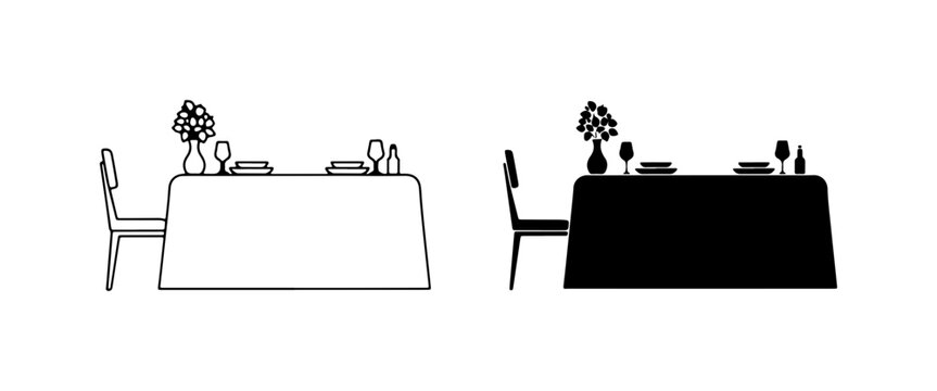 Dining Table Setting, Two Chairs, Floral Decor, Place Settings, Vector Icons