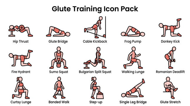 Glute Training Icon Pack with Exercises for Fitness and Workout.