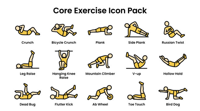 Core Exercise Icon Pack with Various Abdominal Workout Illustrations.