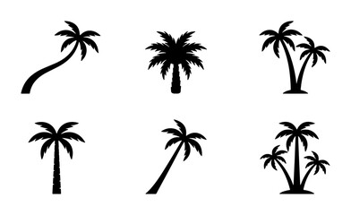 Naklejka premium Black Silhouette Palm Trees Vector Icons, Tropical Foliage Set for Summer Vacation and Beach Design Elements