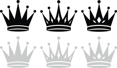 Crown silhouette vector set, minimalist black and grey royal king crowns, luxury queen tiara placeholders isolated on white background © SOUROV