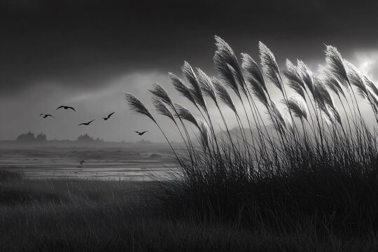Dramatic black and white landscape featuring tall, wind-swept reeds and birds flying across a moody, serene wetland.