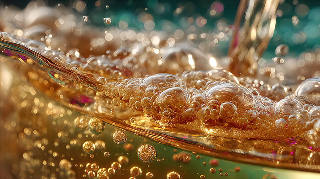 Golden champagne bubbles creating luxury celebration beverage images