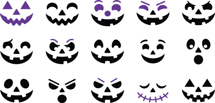 Set of Halloween pumpkin faces, collection of spooky carved jack-o-lantern expressions, funny and scary black and purple holiday vector icons