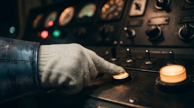 Train conductor wearing a soft knit glove presses a glowing circular control button on a weathered metallic dashboard of an old locomotive.