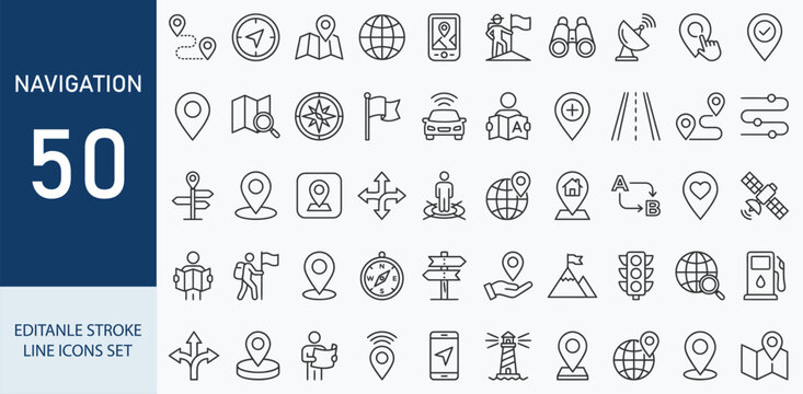Navigation and Map icon set. Editable line icons. Vector illustration.