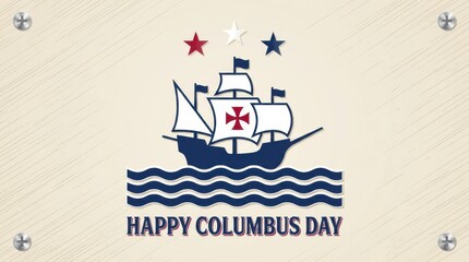 Creative graphic illustration of sailing ship with cross on sail over blue waves marking happy columbus day holiday.