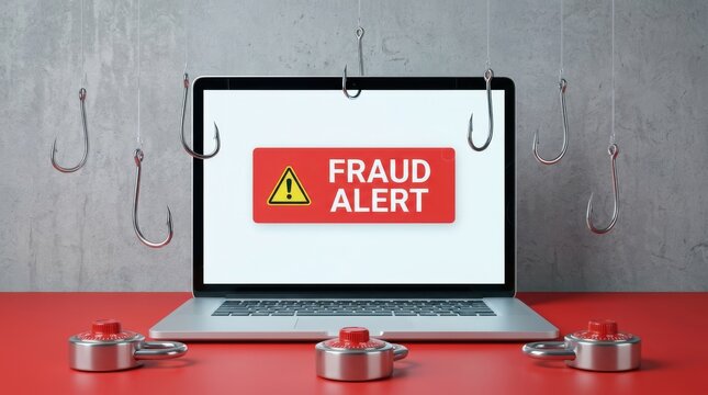 Cybersecurity concept with laptop screen displaying fraud alert notification and metal fishing hooks hanging above.