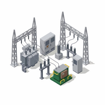 Isometric view of electrical substation with transformers and power lines.