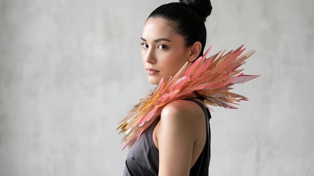 Slow tracking shot of woman model turning head to showcase decorative spiky collar accessory in neutral studio with soft natural light, fashion portrait