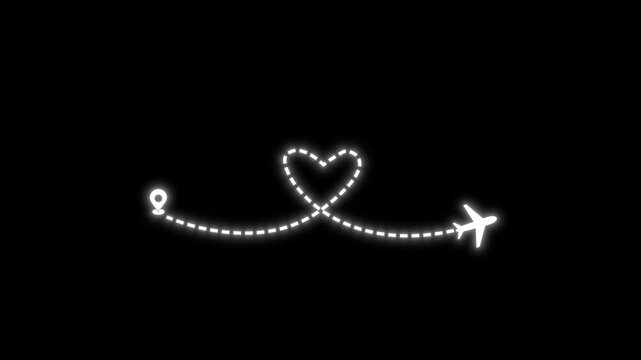 White dotted Plane route path  animation on black screen background. Perfect for air route, air paths.	