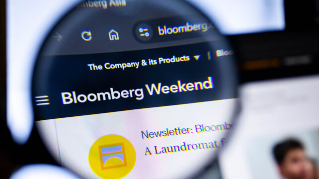 Close-up of Bloomberg website on screen. Financial news online. Business information display.