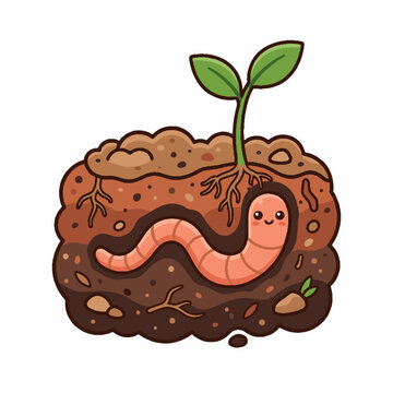 Cute cartoon earthworm crawling underground in soil beneath a small green plant sprout vector illustration.