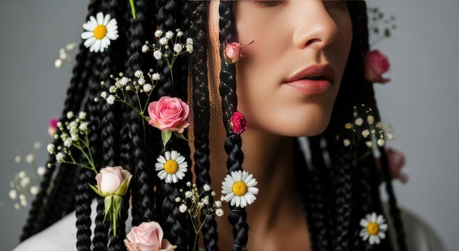 close-up portrait of a woman with long black braids decorated with fresh roses and daisies