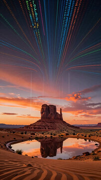 Desert Rock Formation with Digital Code Streams at Sunset