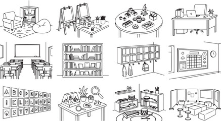 Obraz premium School Classroom Interior and Furniture Icons Set