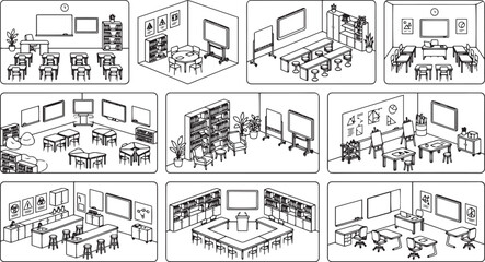 Fototapeta premium School Classroom Layout and Interior Icons Set