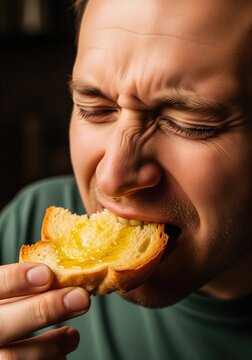 Close Up Of A Man Eating A Piece Of Toasted Bread With Extra Virgin Oil