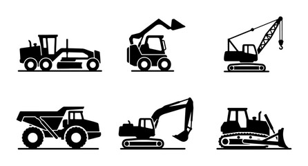 Heavy Construction Equipment Icons: Bulldozer, Excavator, Crane, Grader, Dump Truck, Loader Set © Riya
