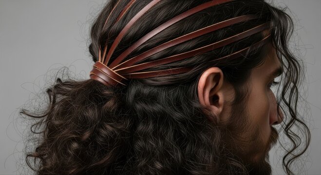 close-up portrait from the side of a man with long curly hair tied with brown leather straps