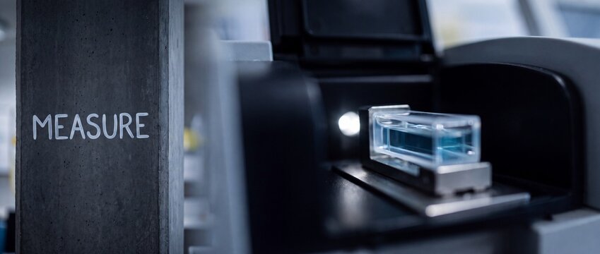 Spectrophotometer cuvette laboratory measurement analysis of blue liquid chemical sample in modern research facility, word measure on concrete pillar background, banner template for science biotech.