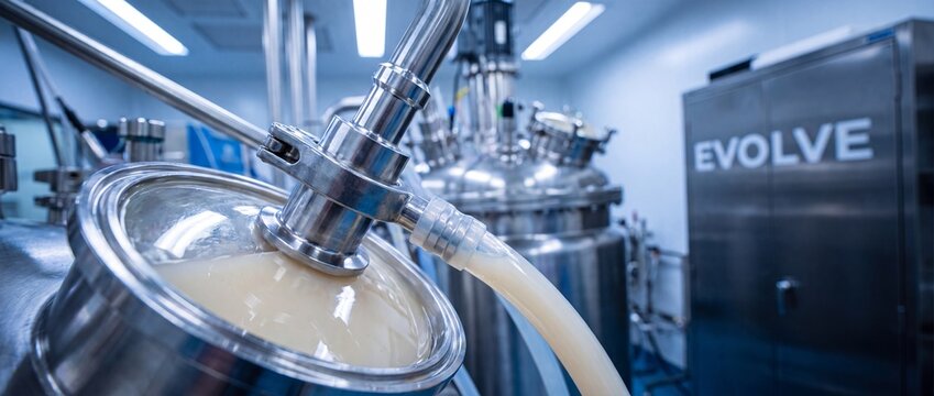 Bioreactor pharmaceutical manufacturing fermentation tank in a sterile biotechnology laboratory cleanroom with industrial stainless steel equipment and pipes for medical vaccine research.