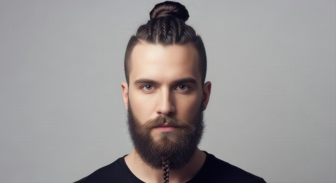 portrait of a man with a top knot bun, cornrow braids, and a braided beard on a grey background