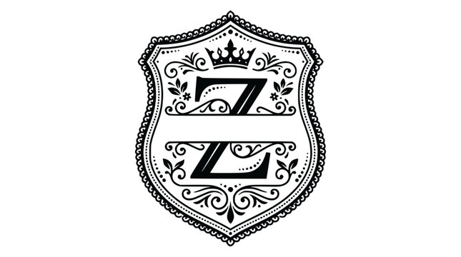 Ornate Monogram Z Shield Crest Black White Emblem
