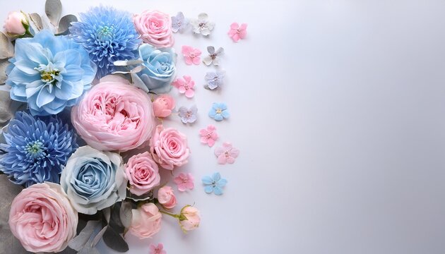 Fondo Romantico Con Flores En Tonos Pastel Azules Rosas Y Grises Sobre Fondo Blanco Concepto Celebraciones E Invitaciones De Boda Cumpleanos Aniversarios Y Dia De La Madre