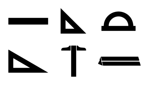 Set of 6 Black Geometric Measuring Tools Icons, Drafting Instruments, Math Symbols, Education Graphics
