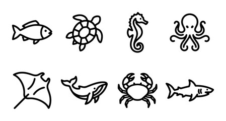 Obraz premium Ocean Life Icons: Marine Animals, Sea Creatures, Aquatic Vector Graphics Set for Design