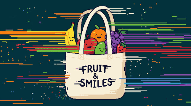 Colorful pixel art illustration of a tote bag filled with cute smiling cartoon fruits on a glitch background.