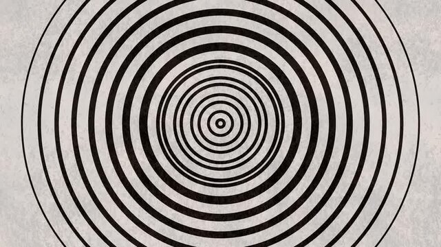 background animation slow motion concentric radiating zooming out distorted deformed circles rings from center to border, hypnotic spiral, psychedelic abstract radio wave. and optical illusion